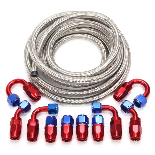 8AN 16-Foot Universal Silver Fuel Pipe   10 Red and Blue Connectors