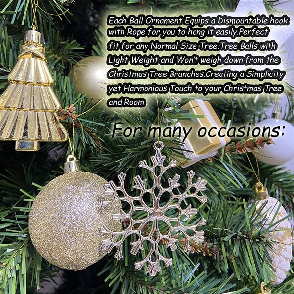 88 Piece Assorted Christmas Tree Ornaments Set, Shatterproof Balls Xmas Seasonal Decorative Hanging Baubles Set with Reusable Hand-held Gift Package for Holiday Xmas Tree Decorations（Golden White）