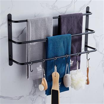 THREE Stagger Layers Towel Rack Upgraded with SIX Movable Hooks Stainless Steel Towel Bars Bathroom Accessories Set for Hanging Bath Sponge and Towels Matte Black 23.62 inches KJWY005HEI-60CM