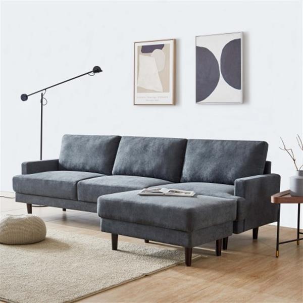 Modern fabric sofa L shape, 3 seater with ottoman-104"-Dark gray