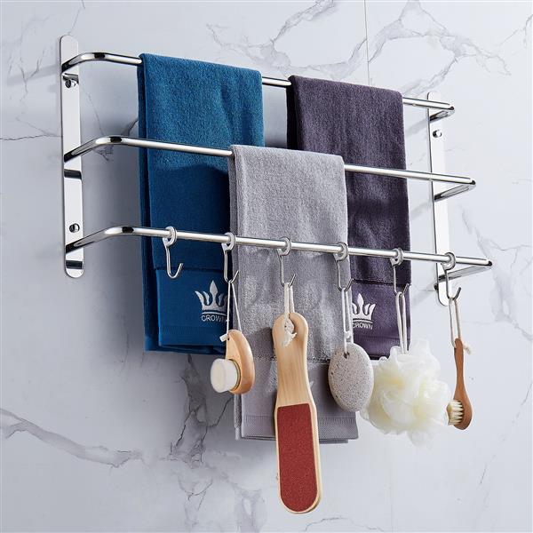 THREE Stagger Layers Towel Rack Upgraded with SIX Movable Hooks Stainless Steel Towel Bars Bathroom Accessories Set for Hanging Bath Sponge and Towels Bright Polishing 17.72 inches KJWY005YIN-45CM