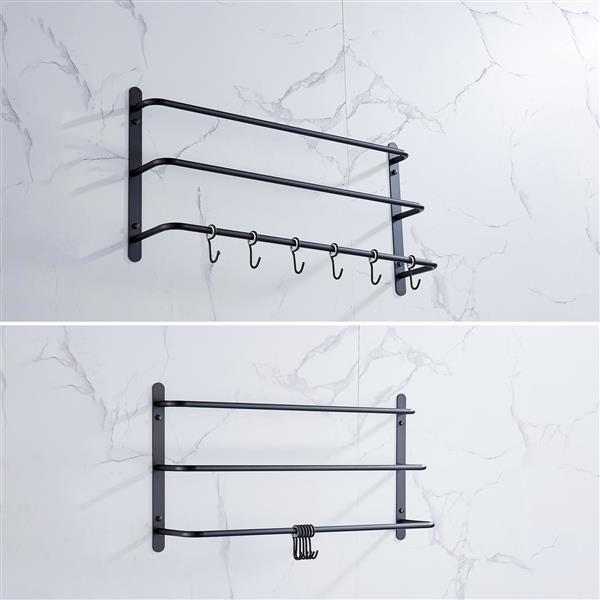 THREE Stagger Layers Towel Rack Upgraded with SIX Movable Hooks Stainless Steel Towel Bars Bathroom Accessories Set for Hanging Bath Sponge and Towels Matte Black 23.62 inches KJWY005HEI-60CM