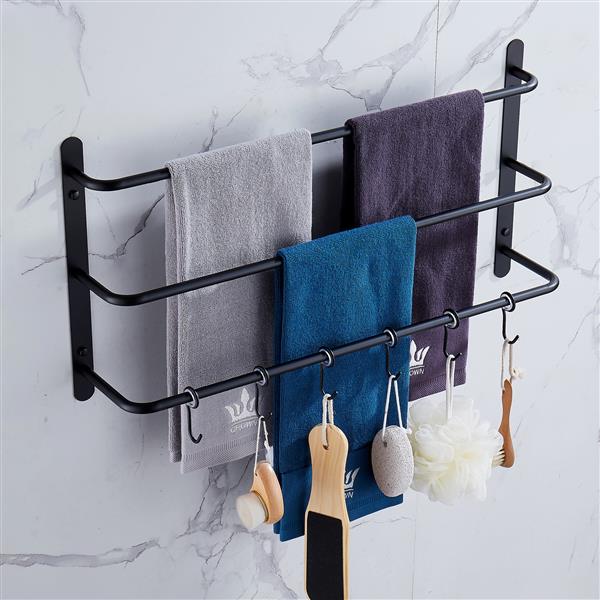 THREE Stagger Layers Towel Rack Upgraded with SIX Movable Hooks Stainless Steel Towel Bars Bathroom Accessories Set for Hanging Bath Sponge and Towels Matte Black 17.72 inches KJWY005HEI-45CM