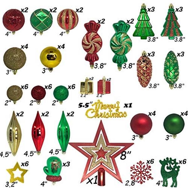 88 Piece Assorted Christmas Tree Ornaments Set, Shatterproof Balls Xmas Seasonal Decorative Hanging Baubles Set with Reusable Hand-held Gift for Holiday Xmas Tree Decorationsr (red+greend+Golden)