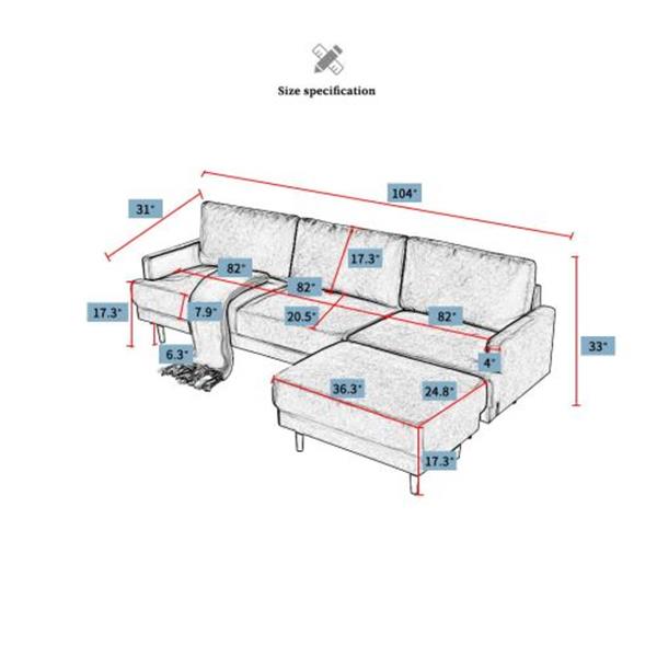 Modern fabric sofa L shape, 3 seater with ottoman-104" Blue