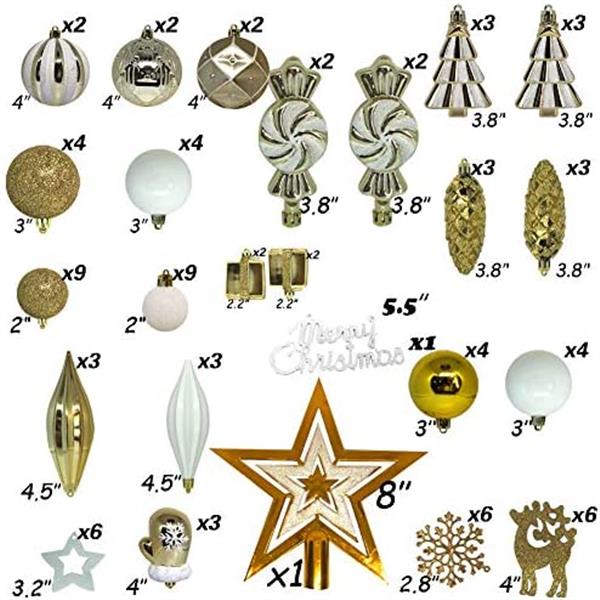 88 Piece Assorted Christmas Tree Ornaments Set, Shatterproof Balls Xmas Seasonal Decorative Hanging Baubles Set with Reusable Hand-held Gift Package for Holiday Xmas Tree Decorations（Golden White）