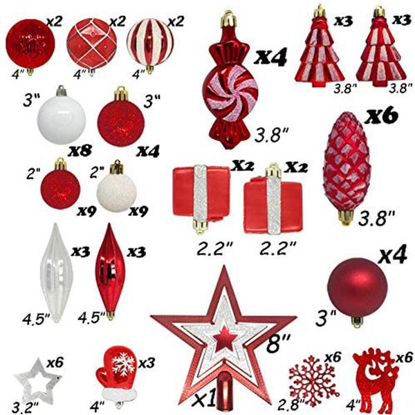 88 Piece Assorted Christmas Tree Ornaments Set, Shatterproof Balls Xmas Seasonal Decorative Hanging Baubles Set with Reusable Hand-held Gift Package for Holiday Xmas Tree Decorations(red+white))