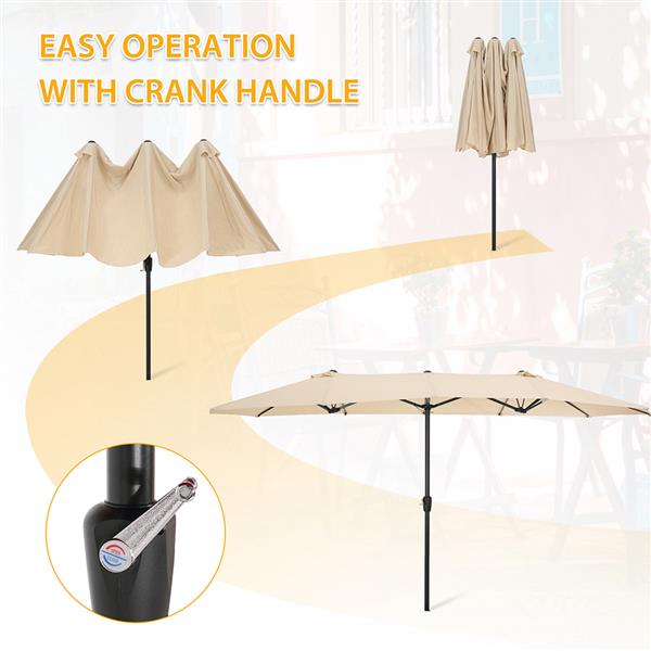 15x9ft Large Double-Sided Rectangular Outdoor Steel Twin Patio Market Umbrella w/Crank- tan [Sale to Temu is Banned.Weekend can not be shipped, order with caution]