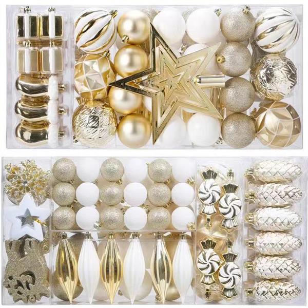 88 Piece Assorted Christmas Tree Ornaments Set, Shatterproof Balls Xmas Seasonal Decorative Hanging Baubles Set with Reusable Hand-held Gift Package for Holiday Xmas Tree Decorations（Golden White）