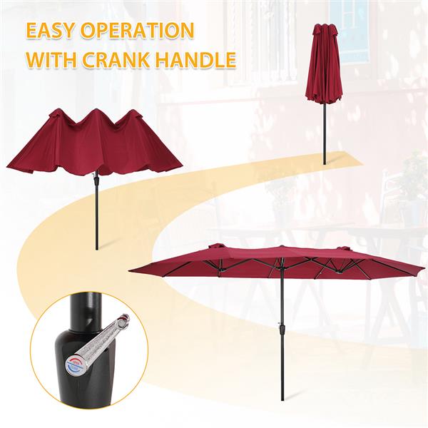 15x9ft Large Double-Sided Rectangular Outdoor Steel Twin Patio Market Umbrella w/Crank-Burgundy [Sale to Temu is Banned.Weekend can not be shipped, order with caution]