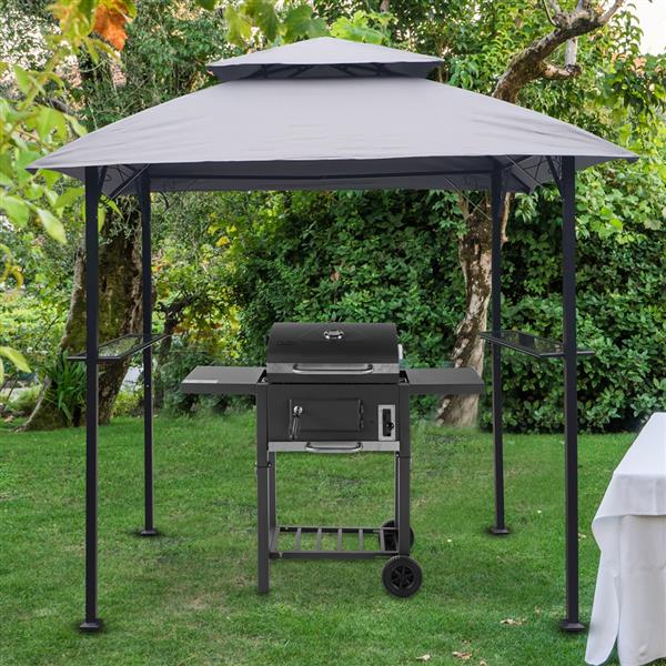  Outdoor Grill Gazebo 8 x 5 Ft, Shelter Tent, Double Tier Soft Top Canopy and Steel Frame with hook and Bar Counters, -grey