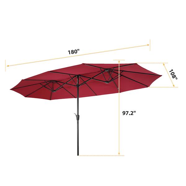 15x9ft Large Double-Sided Rectangular Outdoor Steel Twin Patio Market Umbrella w/Crank-Burgundy [Sale to Temu is Banned.Weekend can not be shipped, order with caution]