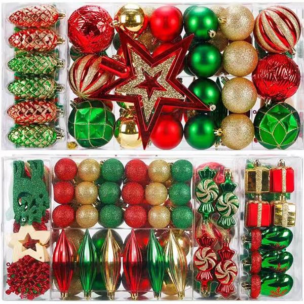 88 Piece Assorted Christmas Tree Ornaments Set, Shatterproof Balls Xmas Seasonal Decorative Hanging Baubles Set with Reusable Hand-held Gift for Holiday Xmas Tree Decorationsr (red+greend+Golden)