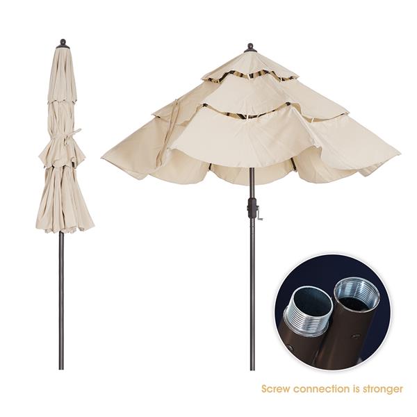 Patio Umbrella 3 Tiers Outdoor Umbrella Patio Table Umbrella with Push Button Tilt, Crank and 8 Ribs - beige