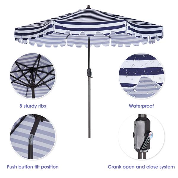 Outdoor Patio Umbrella 9-Feet Flap Market Table Umbrella 8 Sturdy Ribs with Push Button Tilt and Crank, blue/white with Flap[Umbrella Base is not Included] [Sale to Temu is Banned.Weekend can not be s