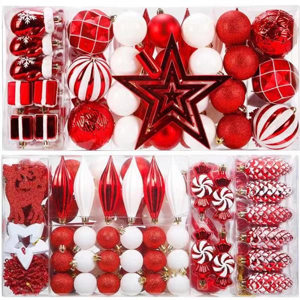 88 Piece Assorted Christmas Tree Ornaments Set, Shatterproof Balls Xmas Seasonal Decorative Hanging Baubles Set with Reusable Hand-held Gift Package for Holiday Xmas Tree Decorations(red+white))