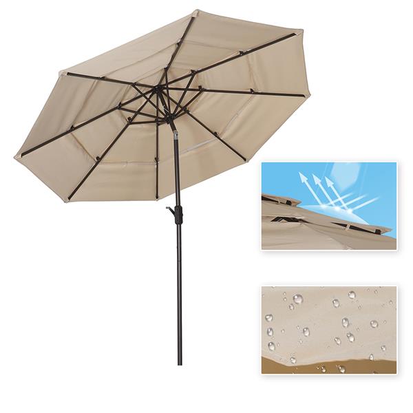 Patio Umbrella 3 Tiers Outdoor Umbrella Patio Table Umbrella with Push Button Tilt, Crank and 8 Ribs - beige