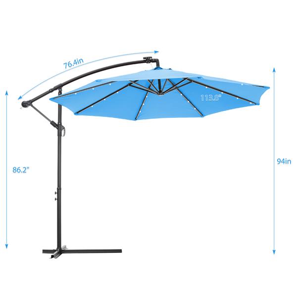 10 FT Solar LED Patio Outdoor Umbrella Hanging Cantilever Umbrella Offset Umbrella Easy Open Adustment with 24 LED Lights -blue