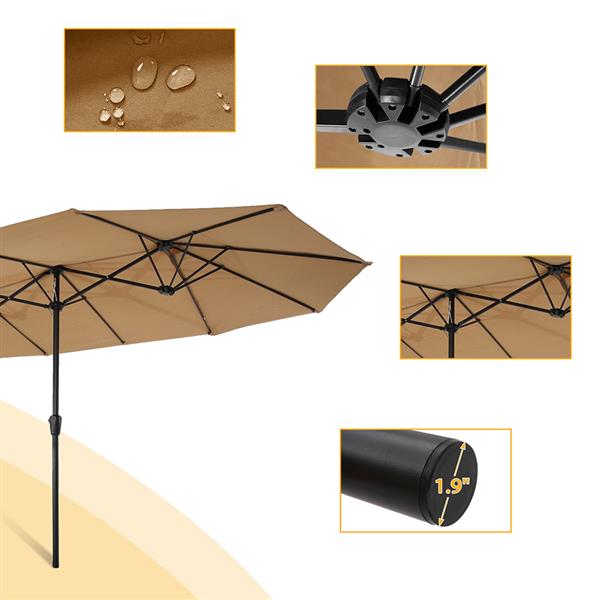 15x9ft Large Double-Sided Rectangular Outdoor Steel Twin Patio Market Umbrella w/Crank-Taupe [Sale to Temu is Banned.Weekend can not be shipped, order with caution]