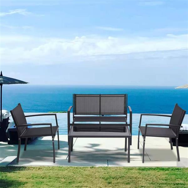 4 Pieces Patio Furniture Set Outdoor Garden Patio Conversation Sets Poolside Lawn Chairs with Glass Coffee Table Porch Furniture (Black) [Sale to Temu is Banned.Weekend can not be shipped, order with 