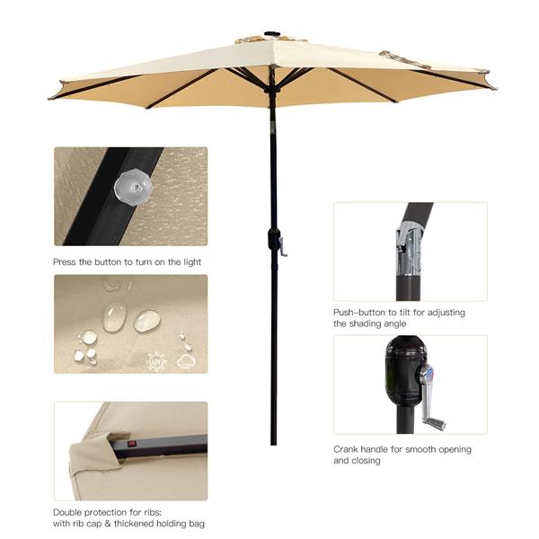 9Ft Patio Umbrella Outdoor Solar Powered Aluminum Polyester 32 LED Lighted Umbrella with Tilt and Crank for Garden, Deck, Backyard, Pool，Tan