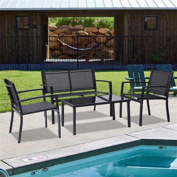 4 Pieces Patio Furniture Set Outdoor Garden Patio Conversation Sets Poolside Lawn Chairs with Glass Coffee Table Porch Furniture (Black) [Sale to Temu is Banned.Weekend can not be shipped, order with 
