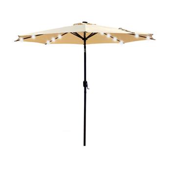 9Ft Patio Umbrella Outdoor Solar Powered Aluminum Polyester 32 LED Lighted Umbrella with Tilt and Crank for Garden, Deck, Backyard, Pool，Tan