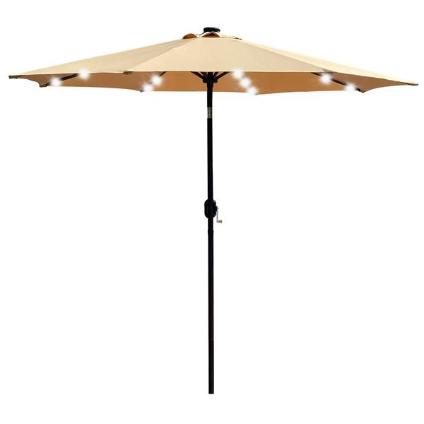 9Ft Patio Umbrella Outdoor Solar Powered Aluminum Polyester 32 LED Lighted Umbrella with Tilt and Crank for Garden, Deck, Backyard, Pool，Taupe