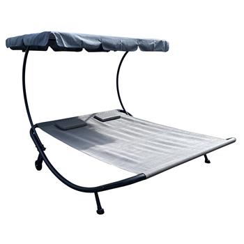 Outdoor Portable Double Chaise Lounge Hammock Bed With Adjustable Canopy and Headrest Pillow for Sun Room, Garden, Courtyard, Poolside,Beach, Grey