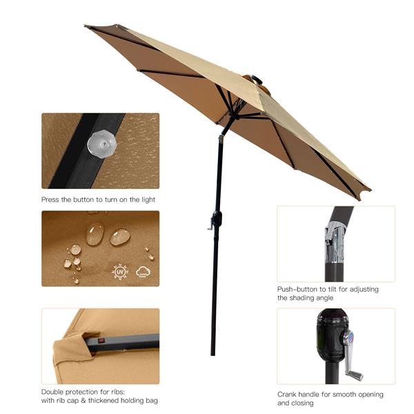 9Ft Patio Umbrella Outdoor Solar Powered Aluminum Polyester 32 LED Lighted Umbrella with Tilt and Crank for Garden, Deck, Backyard, Pool，Taupe