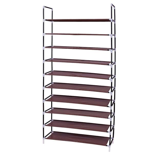 Simple Assembly 10 Tiers Non-woven Fabric Shoe Rack with Handle Dark Brown