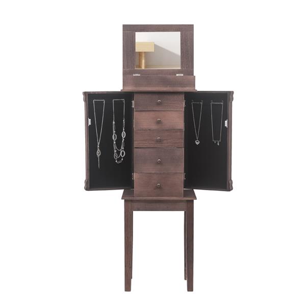 Standing Jewelry Armoire with Mirror, 5 Drawers & 8 Necklace Hooks, Jewelry Cabinet Chest with Top Storage Organizer , 2 Side Swing Doors(Brown)