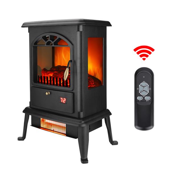 American Standard HT1217 1500W Freestanding Three-door Glass 3D Flame Fireplace with Remote Control/Fake Firewood/Single Color/3 Quartz Tubes/Black