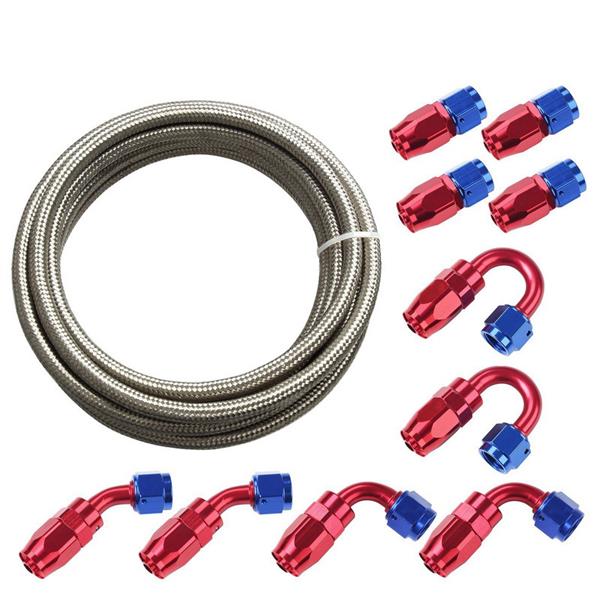 Universal 20ft AN-8 Silver Nylon Braided Hose with 10pcs Red & Blue Hose Ends