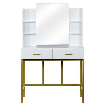 Desktop Mirror With Shelf 2 Drawers, With Stool, Steel Frame Dressing Table White