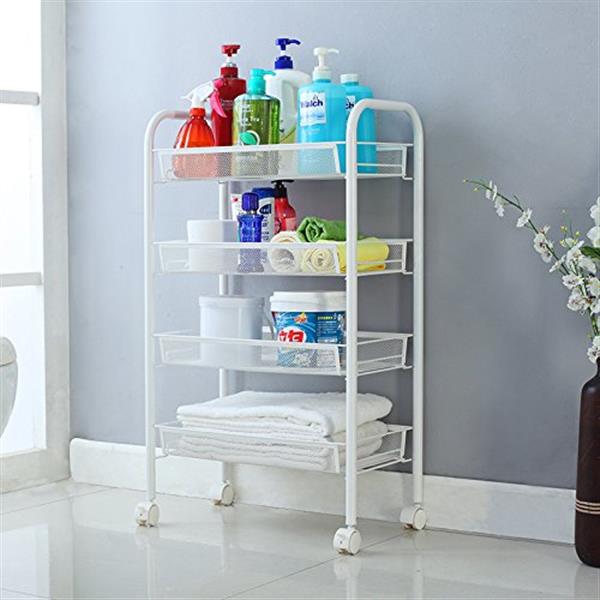 Exquisite Honeycomb Net Four Tiers Storage Cart with Hook Ivory White