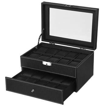 Watch Box 20 Mens Case Glass Top Display Organizer Lockable Black