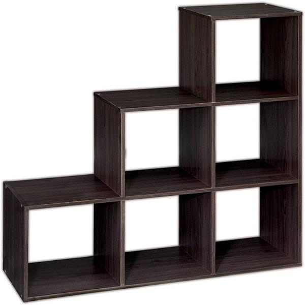 6 Cubes Organizer Wood Bookshelf Open Shelf Bookcase , 3-2-1 Cube Storage Shelf , Dark Brown