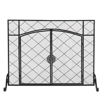 Thin Line Rhombus Small Grid Decoration Double Door Square Wrought Iron Fireplace Screen (111 x 13 x 84)cm