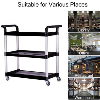 Heavy Duty 3-Shelf Rolling Service / Utility / Push Cart, 330 lbs. Capacity, Black, for Foodservice / Restaurant / Cleaning