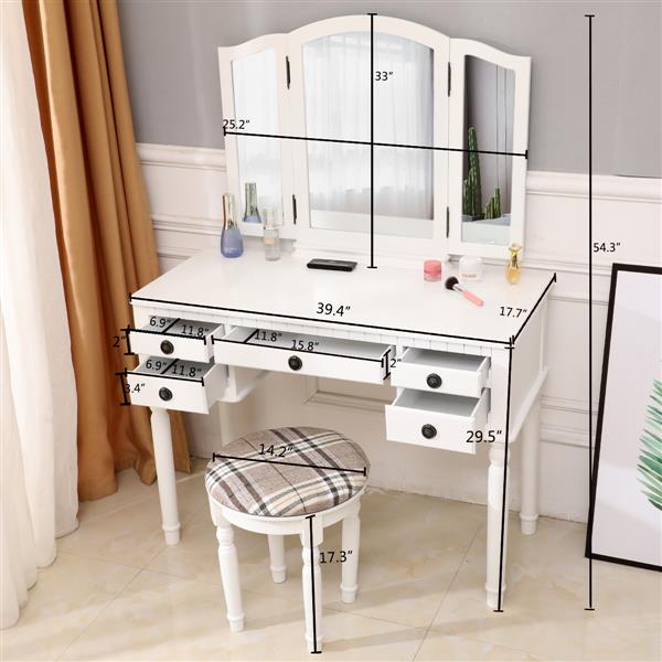 【】Dresser Three-Fold Square Mirror Drawers Roman Column Table/Stool White