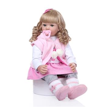 24\\" Beautiful Simulation Baby Golden Curly Girl Wearing Pink Rabbit Clothes Doll
