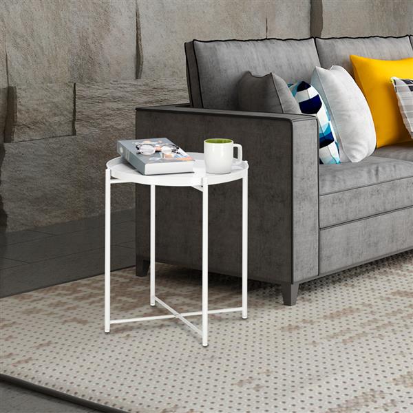 Round Metal Countertop And Cross Base Wrought Iron Living Room Side Table Pearl White
