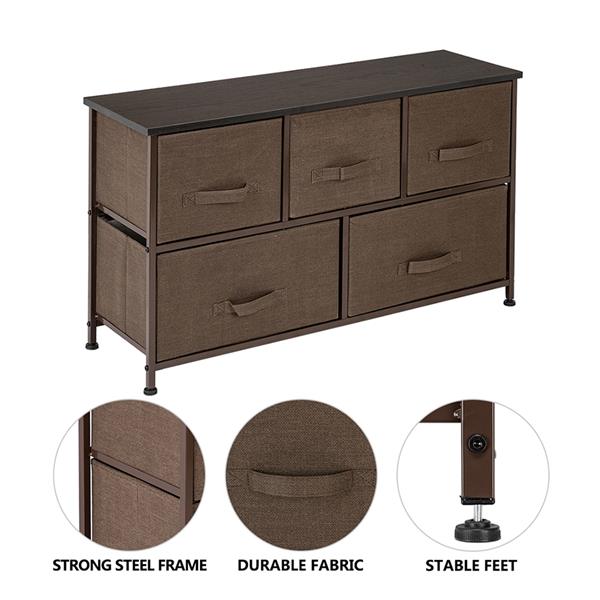 2-Tier Wide Closet Dresser, Nursery Dresser Tower With 5 Easy Pull Fabric Drawers And Metal Frame, Multi-Purpose Organizer Unit For Closets, Dorm Room, Living Room, Hallway, Brown