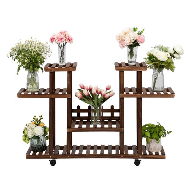 4-Layer 12-Seater Indoor And Outdoor Multifunctional Carbonized Color Wheel Wooden Plant Stand