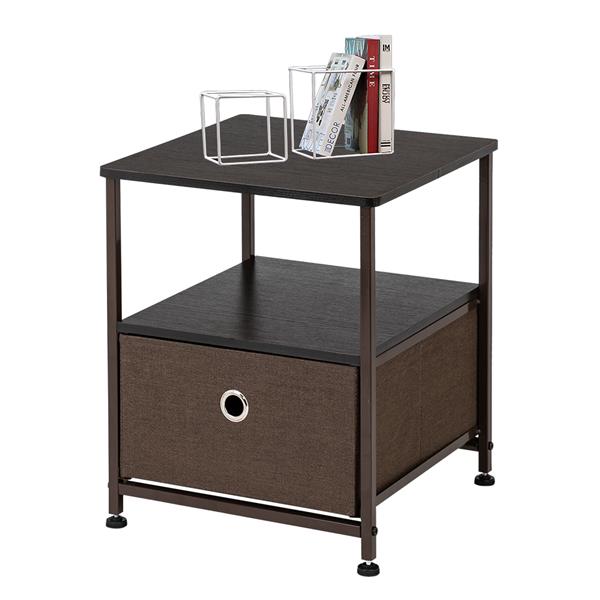 Nightstand 1-Drawer Shelf Storage- Bedside Furniture & Accent End Table Chest For Home, Bedroom, Office, College Dorm, Steel Frame, Wood Top, Easy Pull Fabric Bins Brown