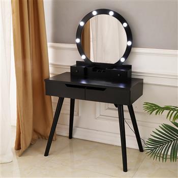 Dressing Table with Single Round Mirror  with Bulb & 4 Drawers Black