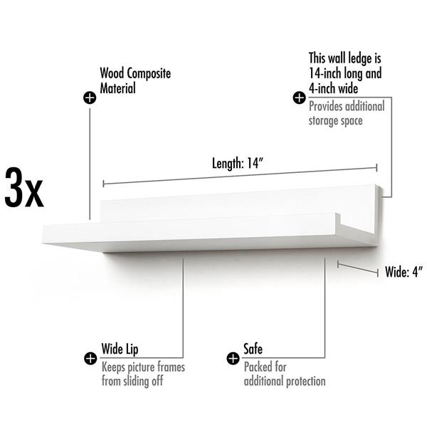 Set of 3 14-inch Floating Wall Shelves by White