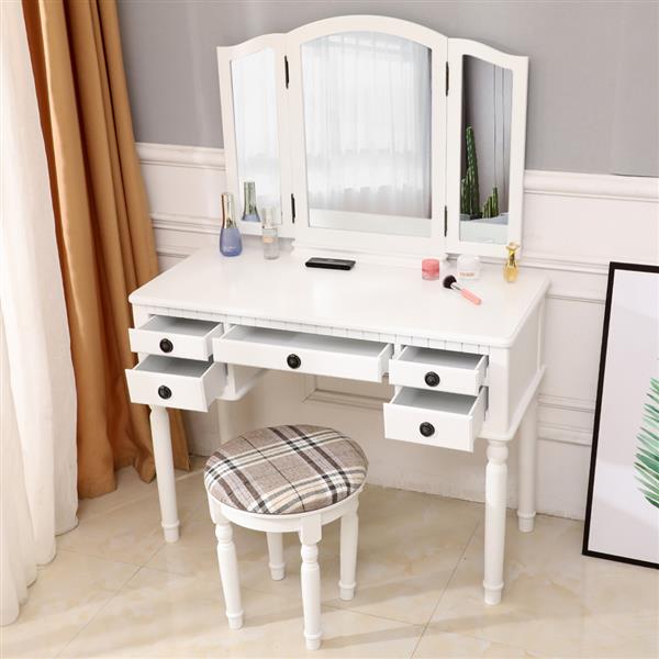 【】Dresser Three-Fold Square Mirror Drawers Roman Column Table/Stool White