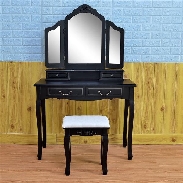 Tri-fold Mirror Dresser with Dressing Stool Black